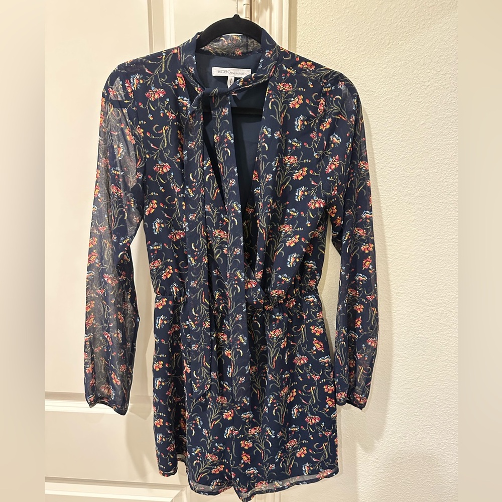 BCBGeneration Navy Floral Tie-Neck Romper